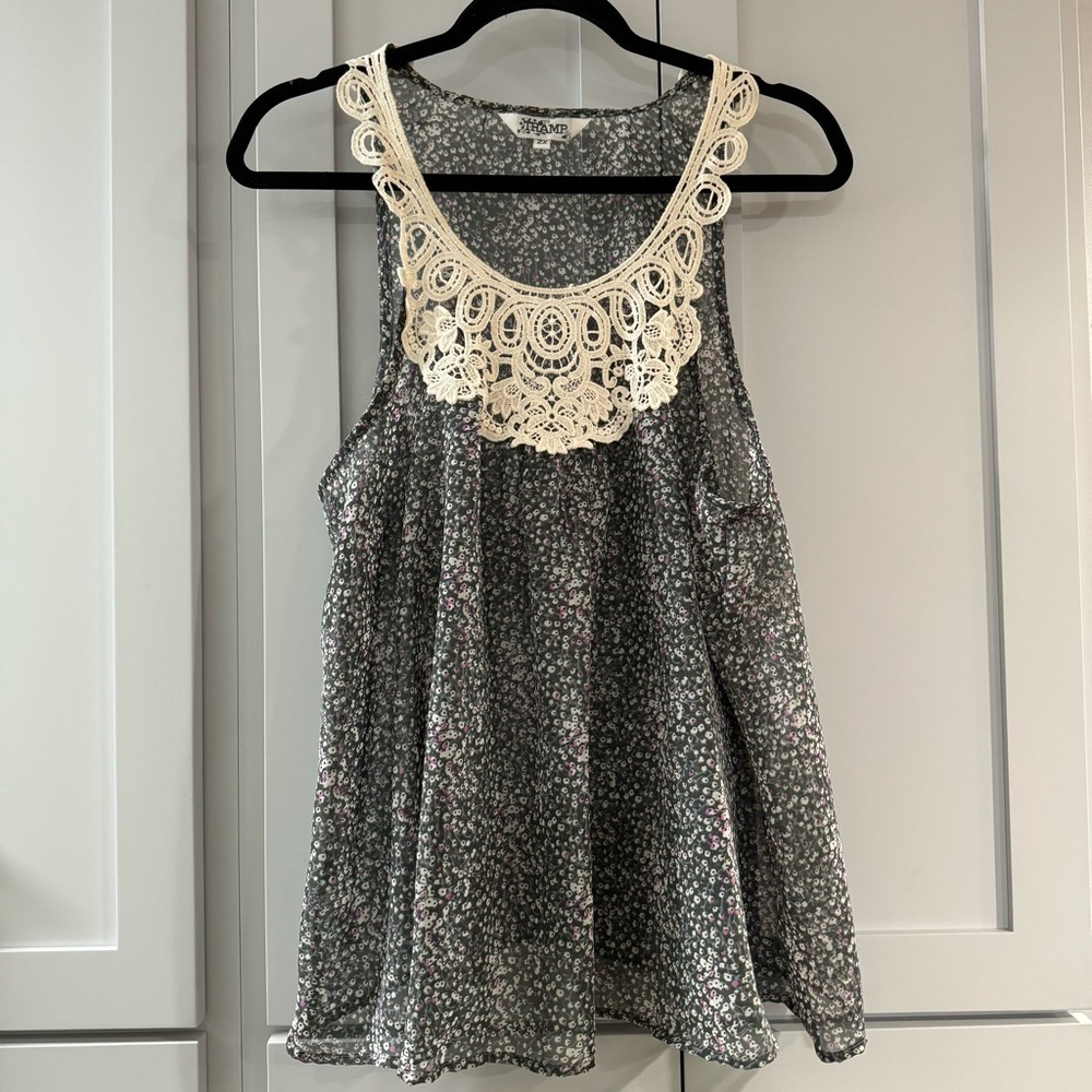 Tramp Gray Floral Sheer‎ Sleeveless Top with Ivory Crochet Detail, Size 2X